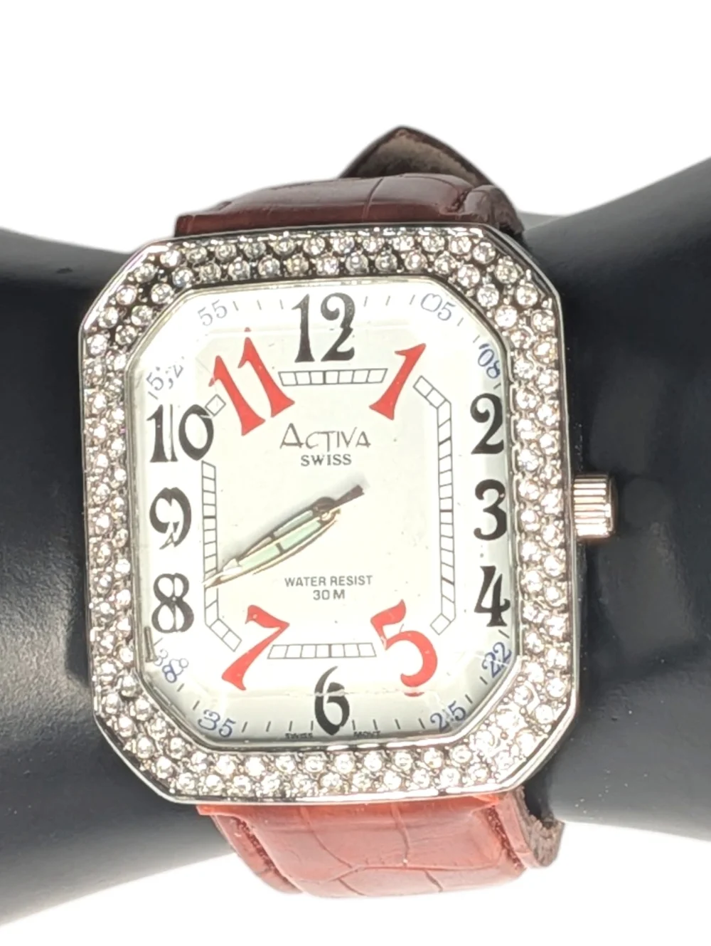 Vintage‎ Activa Watch Swiss Rhinestone Crystal Bezel Brown Faux Croc Strap 30M